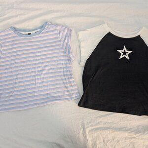 H&M Crop top Lot of 2 Graphic & Striped Tees Sz M Blue Knit Cotton
